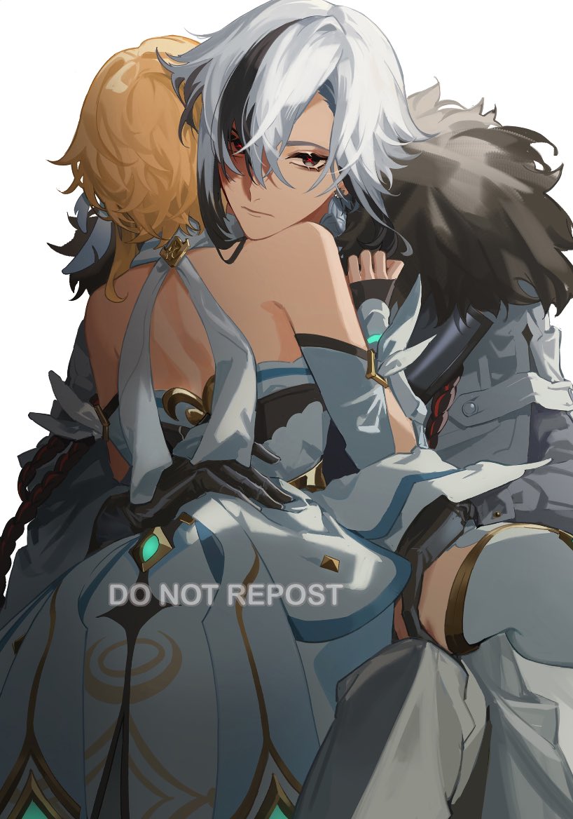 2girls, arlecchino_(genshin_impact), black_gloves, black_hair, blonde_hair, closed_mouth, coat, detached_sleeves