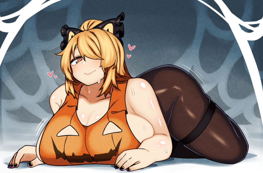 1girl, black_bow, black_nails, black_pantyhose, blonde_hair, bow, breasts, cleavage, closed_mouth, full_body, hair_bow, hair_over_one_eye, halloween, halloween_costume, heart, highres, huge_breasts, jack-o'-lantern_print, kurodani_yamame, looking_at_viewer, lying, nail_polish, on_stomach, orange_eyes, pantyhose, rinyamame, short_hair, sideboob, silk, solo, spider_web, sweat, thick_thighs, thighs, touhou