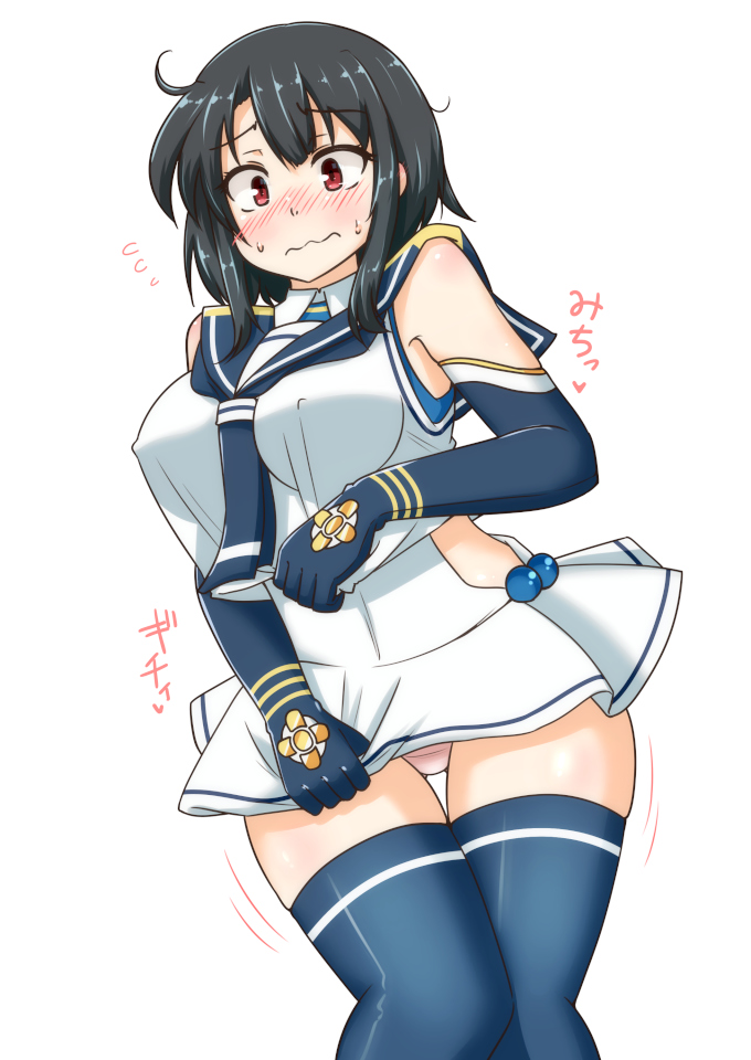 1girl, black_gloves, black_hair, blue_thighhighs, blush, breasts, cosplay, covered_erect_nipples