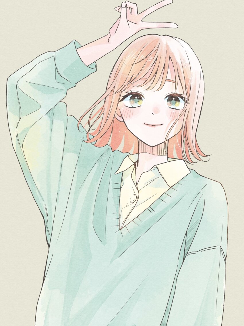 1girl, arm_at_side, arms_up, baggy_clothes, black_eyes, blue_eyes, blue_sweater, blush, closed_mouth, collared_shirt, commentary, furusato_kou, highres, light_brown_hair, lips, long_sleeves, multicolored_eyes, nose_blush, open_collar, original, pink_hair, pink_lips, shirt, short_hair, simple_background, three-quarter_sleeves, smile, solo, straight-on, sweater, untranslatable_commentary, v, white_shirt, yellow_eyes