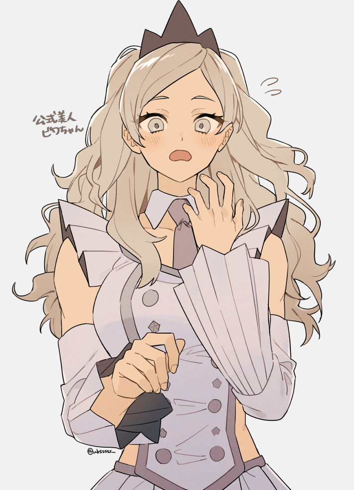 1girl, blonde_hair, blush, buttons, collarbone, commentary_request, detached_collar, detached_sleeves, eri_(pokemon), eyelashes, flying_sweatdrops, grey_eyes, hand_up, long_hair, looking_at_viewer, necktie, nintendo, open_mouth, pankona_(ubsssss), parted_bangs, pokemon, pokemon_scarlet_and_violet, simple_background, solo, translation_request, vest, white_background