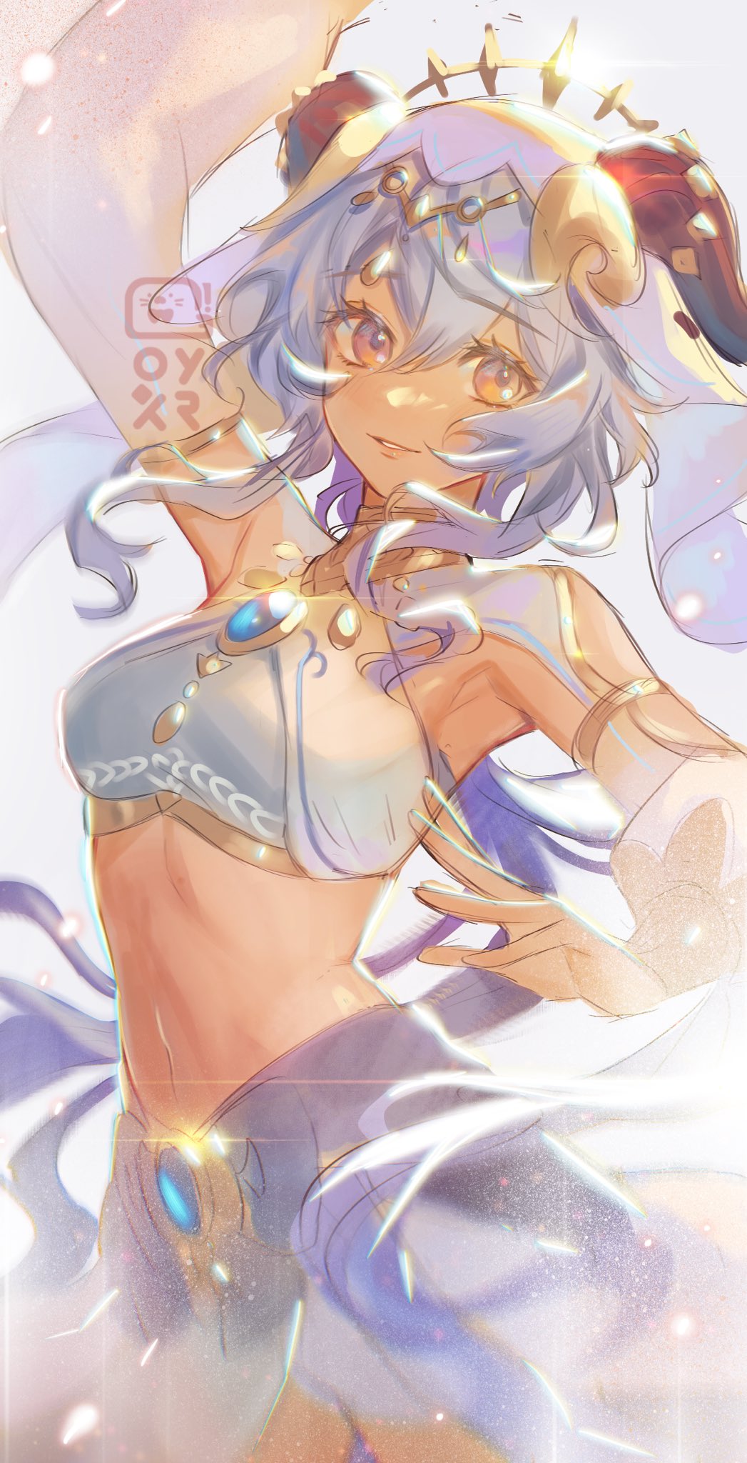 1girl, armpits, arms_up, blue_gem, blue_hair, breasts, cosplay, detached_sleeves