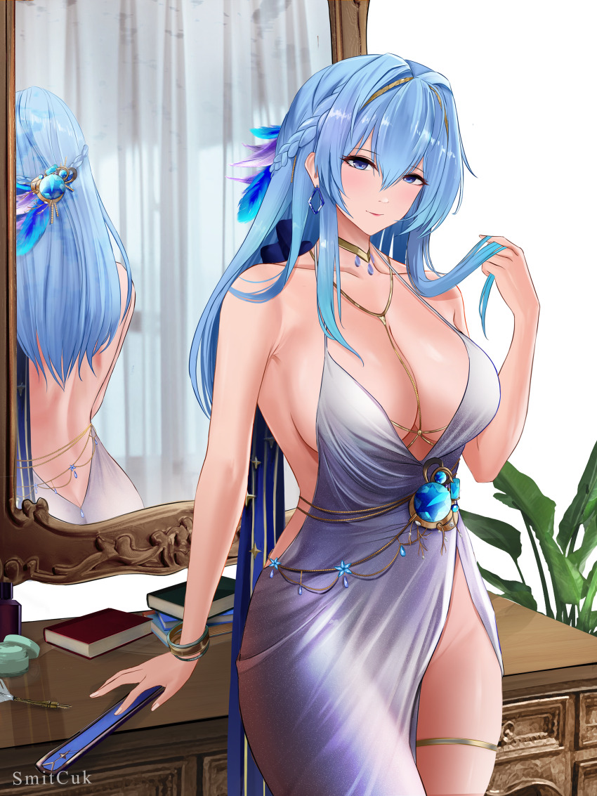 1girl, absurdres, alternate_costume, artist_name, ass, backless_dress, backless_outfit, bangle