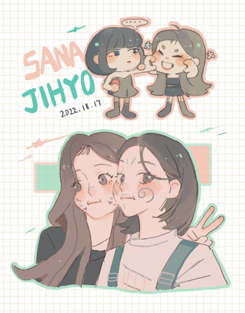 ..., 2girls, :d, =_=, animification, annoyed, black_dress, black_eyes