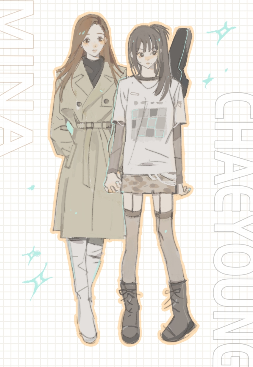 2girls, animification, black_choker, black_eyes, black_footwear, black_hair, black_sweater, black_thighhighs