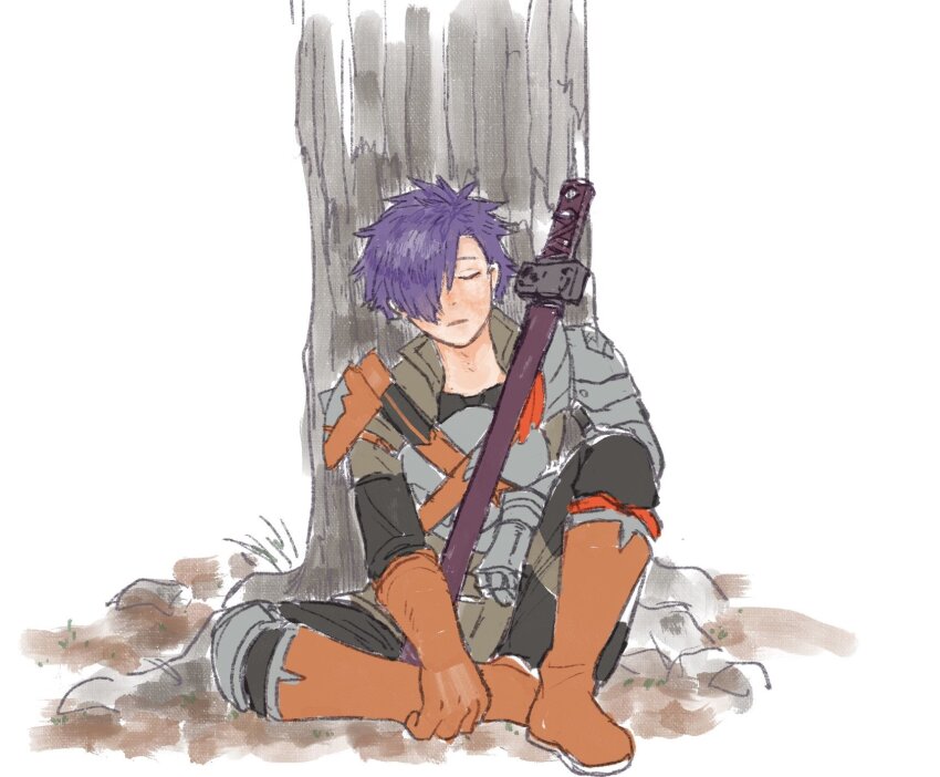 1boy, armor, cape, closed_mouth, emer_game, fire_emblem, fire_emblem:_three_houses, fire_emblem_warriors:_three_hopes, gloves, hair_over_one_eye, highres, long_sleeves, male_shez_(fire_emblem), medium_hair, nintendo, purple_hair, short_hair, simple_background, sleeping, solo, sword, weapon