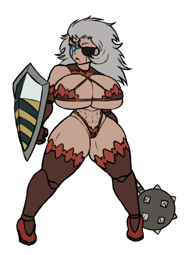 1girl, abs, blue_eyes, breasts, cameltoe, club, concept_art, cross-laced_clothes, darkest_dungeon, doll, elbow_gloves, eyepatch, full_body, genderswap, gloves, grey_hair, high_heels, highleg, highleg_panties, holding, holding_shield, holding_weapon, large_breasts, long_hair, mace, man-at-arms_(darkest_dungeon), panties, shield, solo, spiked_club, standing, thick_thighs, thighhighs, thighs, transparent_background, underwear, weapon, xelsword