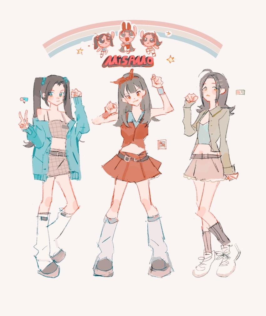 3girls, animification, belt, black_socks, blue_cardigan, blue_shirt, breasts, brown_belt