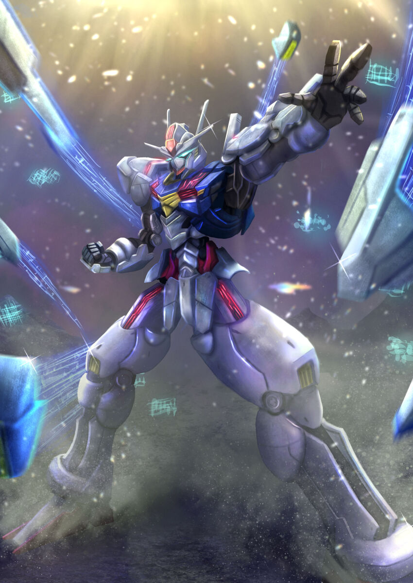 absurdres, bit_(gundam), blue_eyes, commentary, exhaust, flying, glowing, glowing_eyes