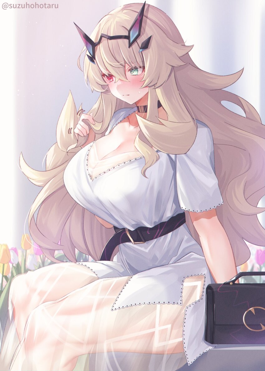 1girl, barghest_(dream_portrait)_(fate), barghest_(fate), blonde_hair, blush, breasts, cleavage, collarbone