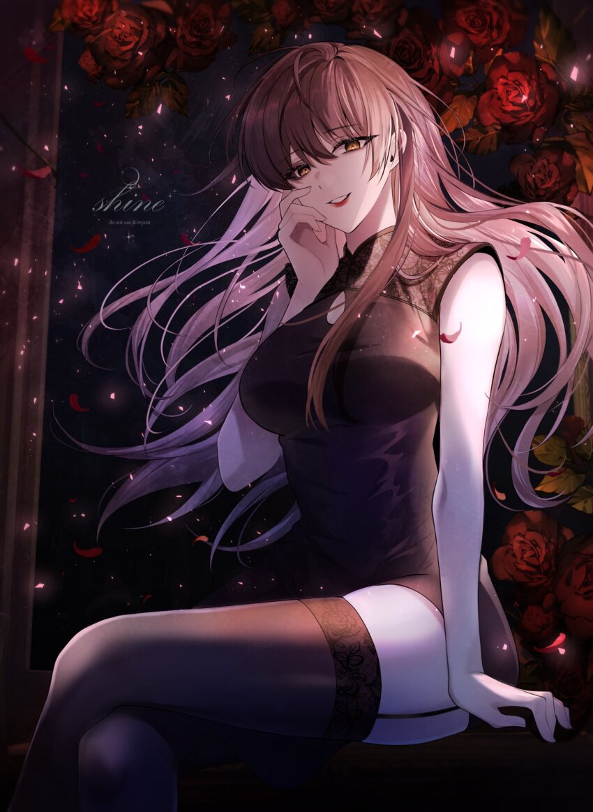 1girl, alternate_form, artist_name, black_dress, breasts, brown_eyes, brown_hair, dress, flower, grin, highres, korean_commentary, long_hair, looking_at_viewer, medium_breasts, omniscient_reader's_viewpoint, pedal, persephone_(omniscient_reader's_viewpoint), red_flower, red_lips, red_rose, rose, shine_s247, sitting, smile, solo, thighhighs, yoo_sangah
