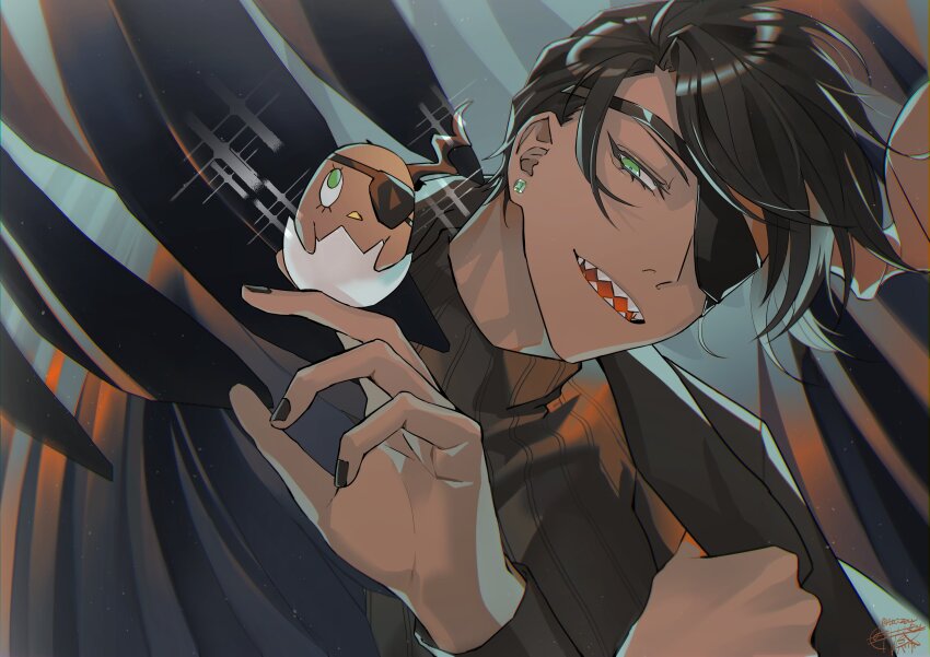 1boy, :d, absurdres, aragami_oga, black_hair, black_jacket, black_nails, black_sweater