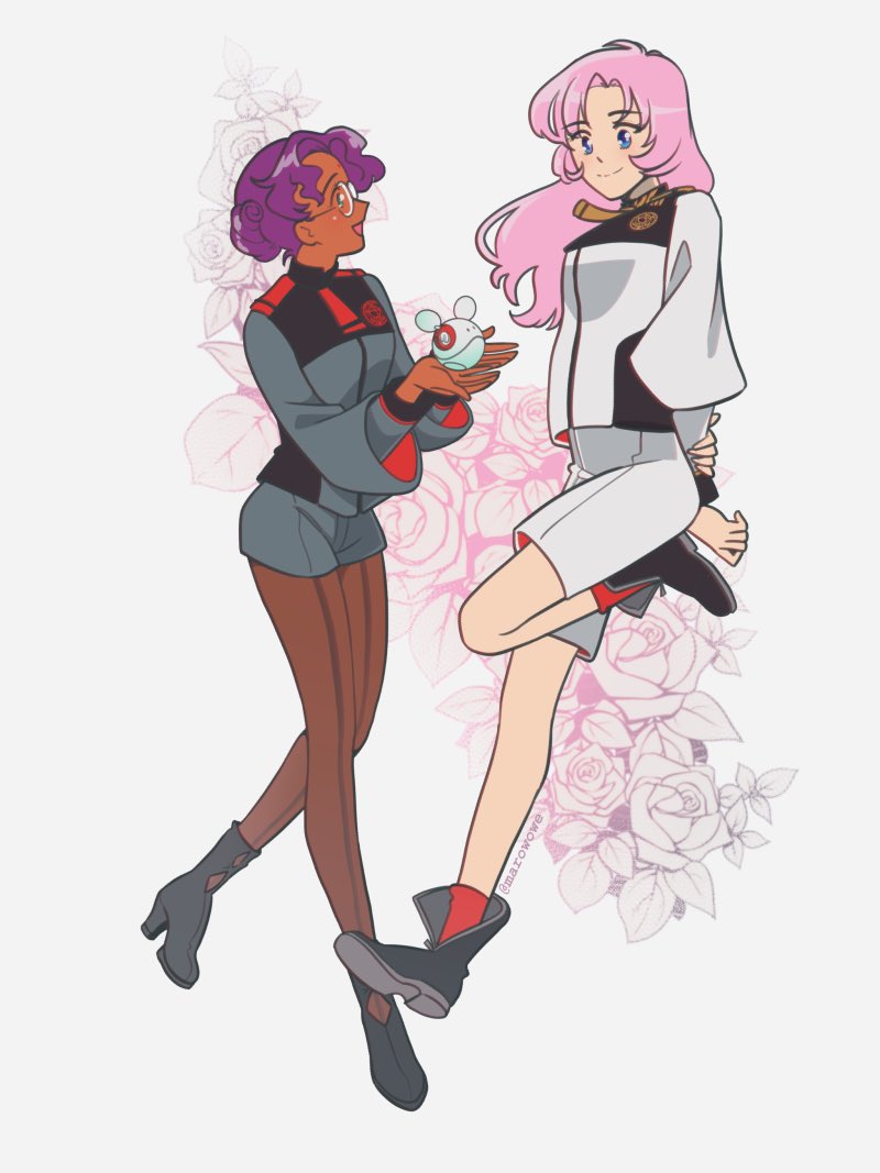 2girls, arms_behind_back, asticassia_school_uniform, black_hair, boots, commentary, cosplay, dark-skinned_female