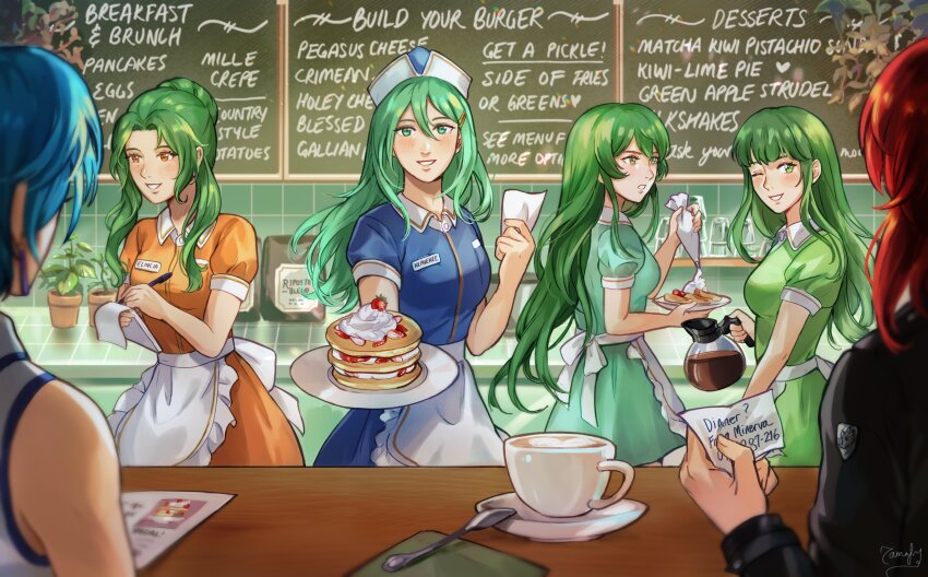 6+girls, absurdres, alternate_costume, apron, blue_hair, blunt_bangs, bow, breasts, cafe, chalkboard, coffee_mug, coffee_pot, color_connection, commentary, contemporary, cup, elincia_ridell_crimea, english_commentary, english_text, enmaided, erinys_(fire_emblem), fire_emblem, fire_emblem:_genealogy_of_the_holy_war, fire_emblem:_mystery_of_the_emblem, fire_emblem:_radiant_dawn, fire_emblem_heroes, food, frilled_apron, frills, green_eyes, green_hair, green_theme, hair_between_eyes, hair_bun, hair_color_connection, hair_ornament, hairclip, heart, highres, long_hair, looking_at_another, looking_at_viewer, lucia_(fire_emblem), maid, matching_hair/eyes, medium_breasts, medium_hair, menu, menu_board, minerva_(fire_emblem), mug, multiple_girls, name_tag, nephenee_(fire_emblem), nintendo, one_eye_closed, palla_(fire_emblem), pancake, pancake_stack, parted_bangs, plant, potted_plant, red_hair, short_hair, sidelocks, single_hair_bun, smile, taking_order, tamafry, teaspoon, very_long_hair, waitress, whipped_cream, white_bow, yellow_eyes