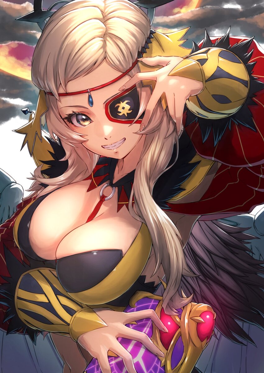 1girl, aduti_momoyama, black_feathers, blonde_hair, book, breasts, circlet, cleavage, clothing_cutout, cloud, cloudy_sky, collarbone, eyepatch, feather_trim, feathers, fire_emblem, fire_emblem_fates, fire_emblem_heroes, gold_trim, green_eyes, grey_eyes, grin, highres, holding, holding_book, large_breasts, long_hair, looking_at_viewer, medium_breasts, nintendo, o-ring, official_alternate_costume, ophelia_(fire_emblem), ophelia_(starlit_maiden)_(fire_emblem), sky, smile, solo, sorcerer_(fire_emblem_fates), swept_bangs, teeth, upper_body