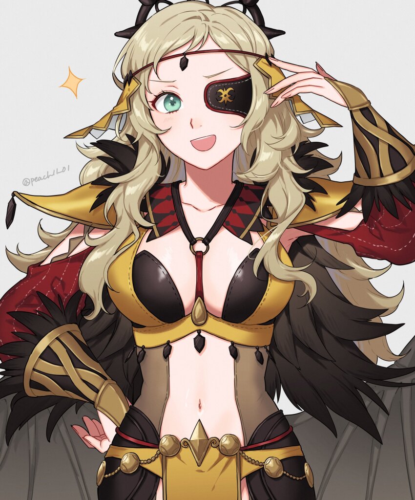 1girl, blonde_hair, breasts, clothing_cutout, collarbone, eyepatch, feather_trim, fire_emblem