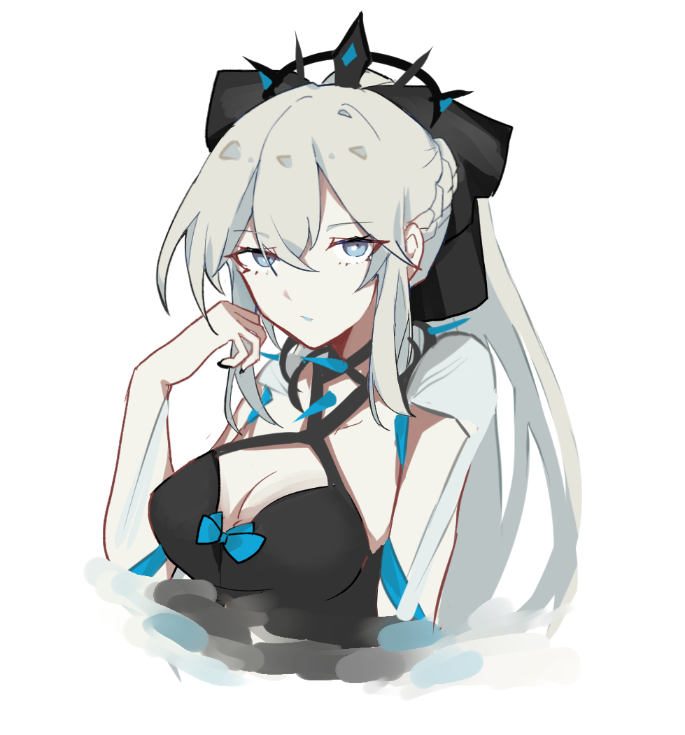 1girl, black_headwear, blue_eyes, blue_lips, blue_ribbon, breasts, chinese_commentary, cleavage, closed_mouth, commentary_request, fate/grand_order, fate_(series), hair_between_eyes, hand_up, long_hair, medium_breasts, morgan_le_fay_(fate), morgan_le_fay_(third_ascension)_(fate), portrait, ribbon, sanpaku, simple_background, solo, white_background, white_hair, zhuanjia710