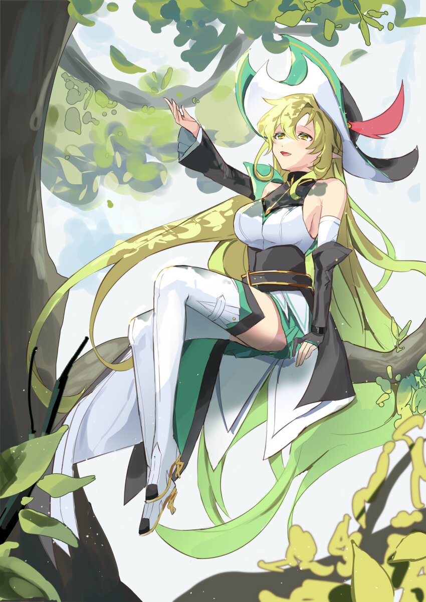 1girl, absurdres, arm_up, bare_shoulders, belt, black_belt, black_dress, black_sleeves