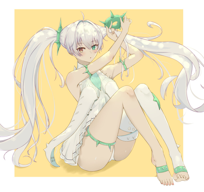 1girl, absurdres, ahoge, armlet, asymmetrical_legwear, bare_legs, bare_shoulders, barefoot