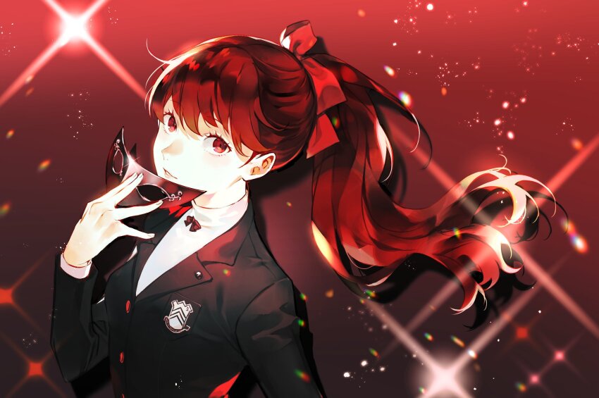 1girl, buttons, eye_mask, female_focus, hair_ribbon, highres, looking_at_viewer, lor_(roasyerizyonirapi), mask, matching_hair/eyes, persona, persona_5, persona_5_the_royal, ponytail, red_background, red_button, red_eyes, red_hair, ribbon, school_uniform, shuujin_academy_school_uniform, solo, sparkle, sparkle_background, yoshizawa_kasumi