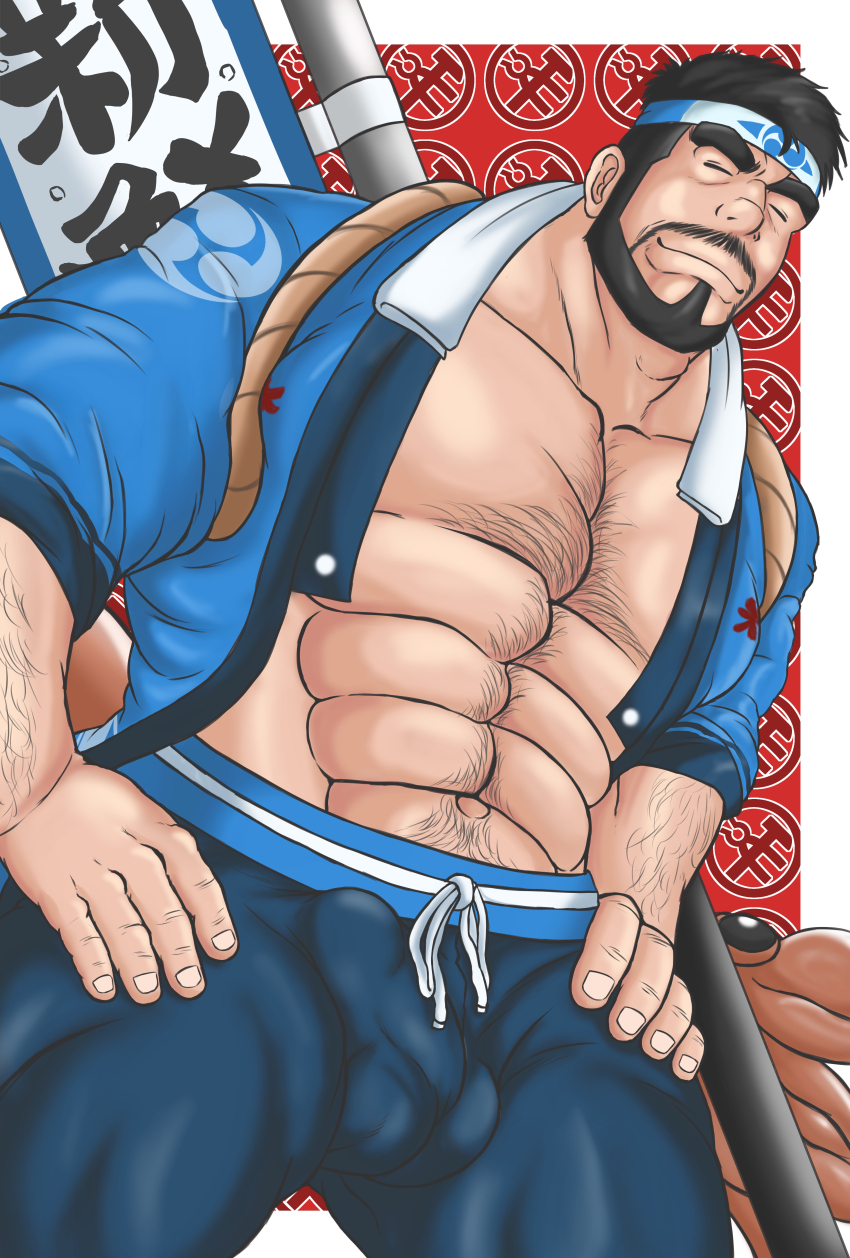 1boy, abs, absurdres, alternate_costume, banner, bara, beard, black_hair, closed_eyes, facial_hair, feet_out_of_frame, flag, gyee, hairy, hand_on_own_hip, headband, highres, japanese_clothes, japanese_text, kimono, large_pectorals, looking_down, male_focus, manly, mature_male, muscular, muscular_male, nobori, official_alternate_costume, open_clothes, open_kimono, pants, pectorals, short_hair, sig_(gyee), smile, solo, squid, taku-ang, yukata
