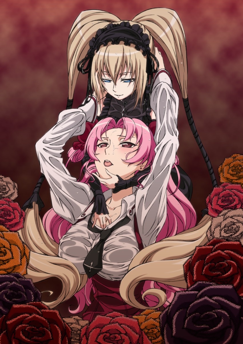 2girls, absurdres, blonde_hair, blue_eyes, detached_sleeves, double_bun, ekaterina_kurae, flower, frills, gothic_lolita, hairband, highres, lolita_fashion, long_hair, mikage_too, multiple_girls, necktie, pink_hair, red_eyes, rose, seikon_no_qwaser, shirt, skirt, suspenders, thighhighs, tsujidou_miyuri, twintails, wet, yuri