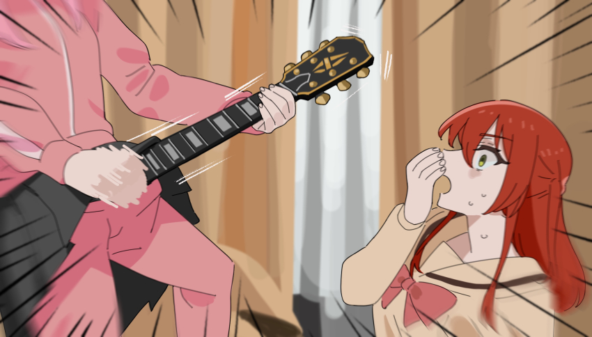 2girls, billyonthestraw, blazer, bocchi_the_rock!, bow, brown_jacket, gotoh_hitori, green_eyes, grey_skirt, guitar, highres, holding, holding_instrument, indoors, instrument, jacket, kita_ikuyo, long_hair, long_sleeves, motion_lines, multiple_girls, music, one_side_up, open_mouth, pants, pants_under_skirt, parody, pink_jacket, pink_pants, playing_instrument, pleated_skirt, red_bow, red_hair, school_uniform, skirt, surprised, track_jacket, track_pants, wide-eyed