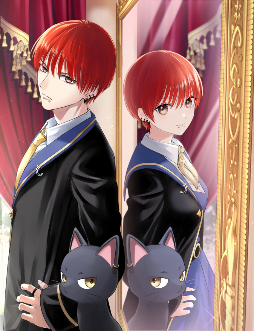 1boy, 1girl, black_cat, black_jacket, blue_dress, bow, breasts, brown_eyes