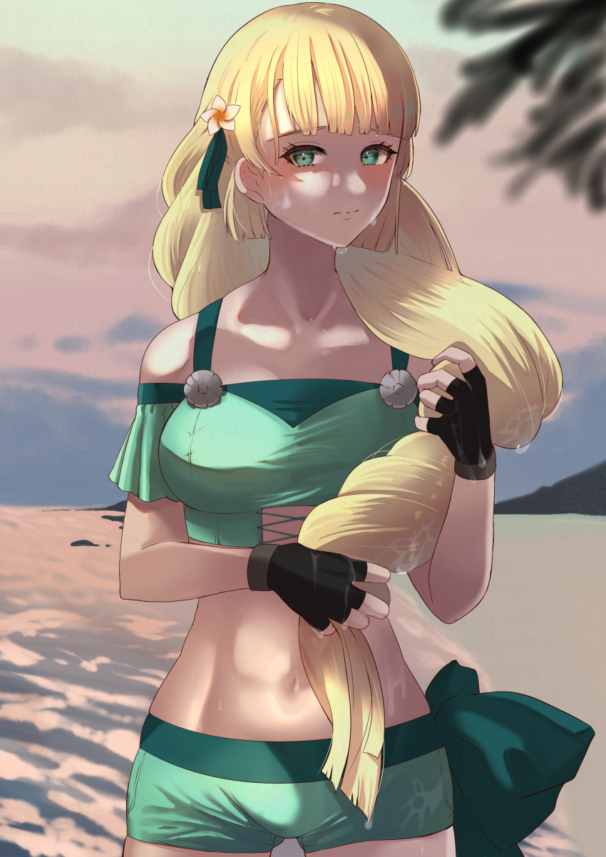 1girl, absurdres, beach, bikini, bikini_shorts, black_gloves, blonde_hair, breasts