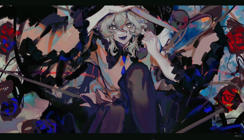 1girl, black_pantyhose, black_skirt, blue_flower, blue_rose, buttons, collared_shirt, diamond_button