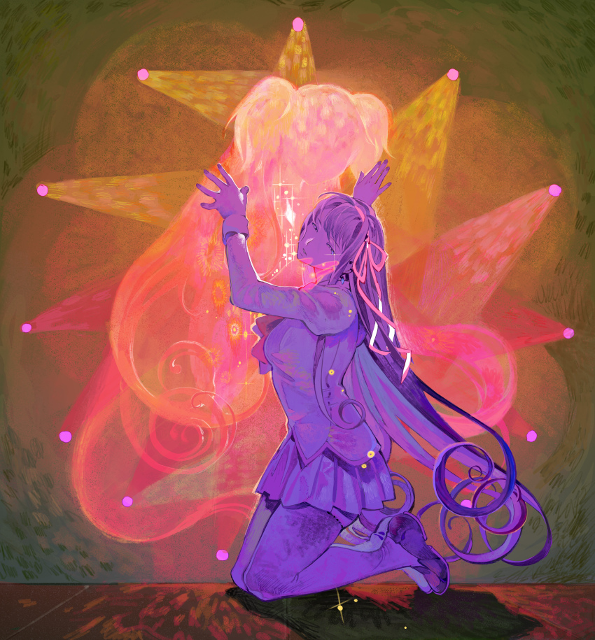 1girl, abstract_background, absurdres, akemi_homura, chinese_commentary, colored_skin, commentary_request, crying