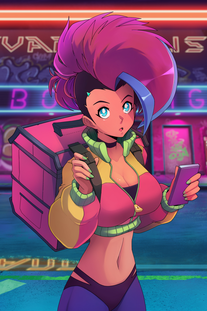 1girl, absurdres, artist_collaboration, backpack, bag, big_hair, black_choker, black_hair, black_shorts, blipsqueek, blue_eyes, blue_leggings, breasts, cellphone, choker, cleavage, commentary, cropped_jacket, cyberpunk, dark-skinned_female, dark_skin, english_commentary, fingernails, green_nails, highres, jacket, large_breasts, leggings, medium_hair, midriff, mizu_wolf, mohawk, moika_(moikaloop), moikaloop, multicolored_hair, multicolored_jacket, nail_polish, navel, original, partially_unzipped, phone, pink_hair, short_shorts, shorts, smartphone, solo, two-tone_hair, zipper_pull_tab