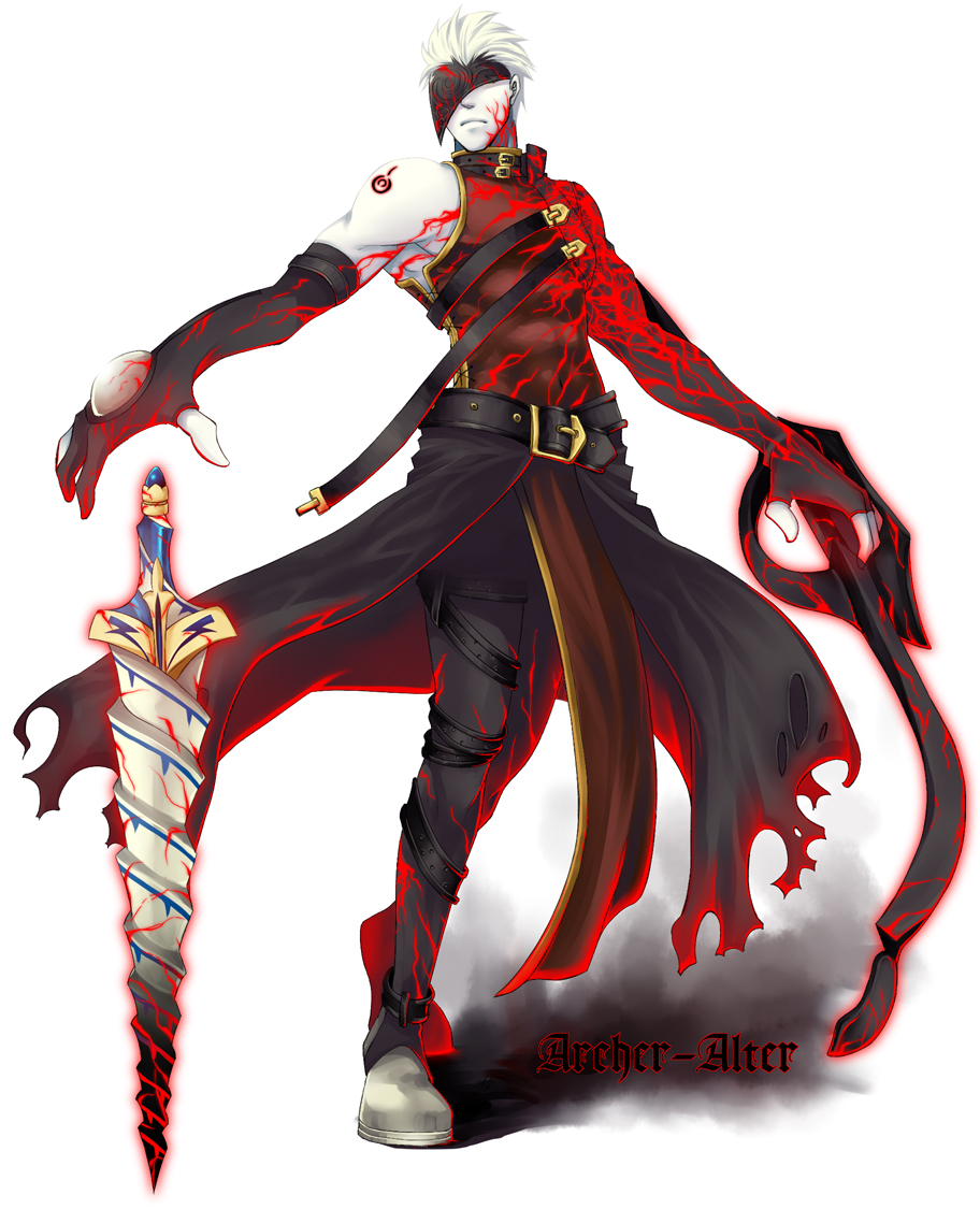 1boy, archer_(fate), archer_alter_(fate), bow, caladbolg_(fate), character_name, dark_persona, elbow_gloves, emiya_alter, fate/stay_night, fate_(series), gloves, male_focus, mask, pale_skin, solo, sword, weapon, white_background, yu_(8dgc4mfc)