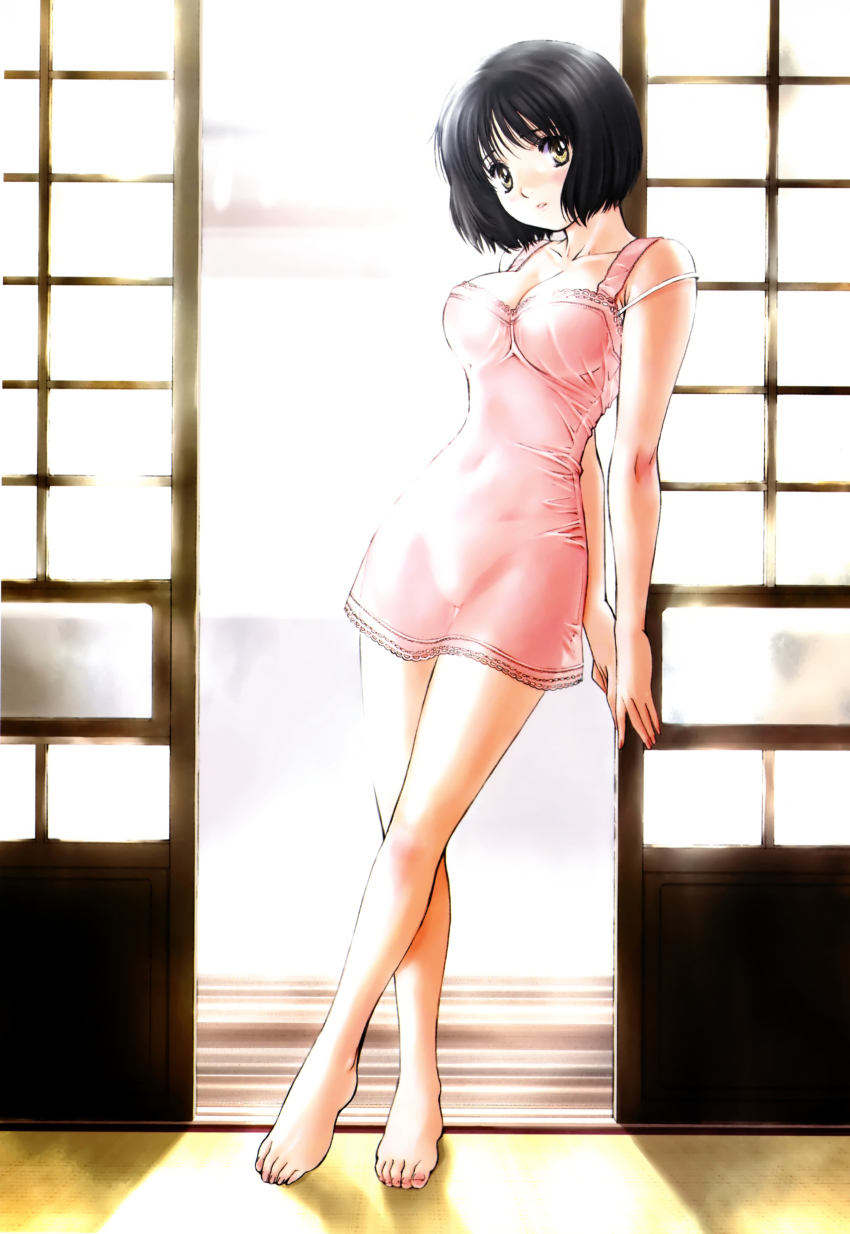 00s, 1girl, absurdres, barefoot, black_hair, blush, feet, female_focus, highres, kobayashi_hiyoko, narrow_waist, nightgown, official_art, oku-sama_wa_joshi_kousei, onohara_asami, panties, panties_through_clothes, see-through_clothes, short_hair, sliding_doors, solo, strap_slip, thigh_gap, thighs, underwear, white_panties