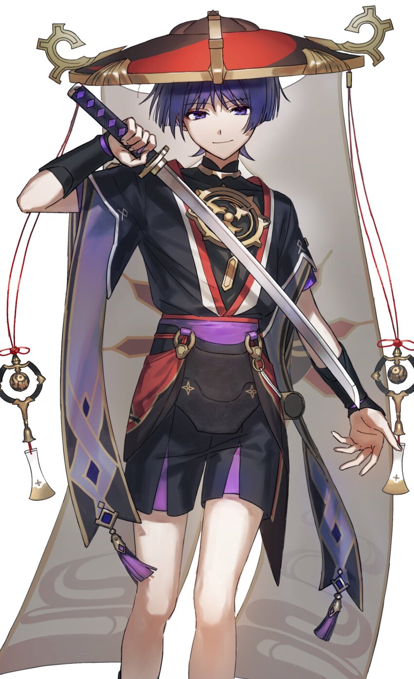1boy, absurdres, arm_armor, arm_up, belt, black_shirt, black_shorts, black_vest, blunt_ends, brown_hat, closed_mouth, fingernails, genshin_impact, gold, hair_between_eyes, hand_up, hat, highres, holding, holding_weapon, jewelry, jingasa, katana, looking_at_viewer, male_focus, mandarin_collar, mitsudomoe_(shape), nacl5844277, necklace, open_clothes, open_vest, pom_pom_(clothes), purple_belt, purple_eyes, purple_hair, red_hat, scaramouche_(genshin_impact), shirt, short_hair, short_sleeves, shorts, simple_background, smile, solo, standing, sword, tomoe_(symbol), vest, weapon, white_background