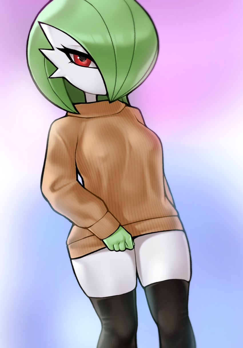 absurdres, black_thighhighs, clothed_pokemon, colored_skin, covered_erect_nipples, feet_out_of_frame, gardevoir, gen_3_pokemon, green_hair, hair_over_one_eye, highres, long_hair, loodncrood, looking_at_viewer, nintendo, pokemon, pokemon_(creature), red_eyes, standing, sweater, thighhighs, thighs, turtleneck, turtleneck_sweater, white_skin, zettai_ryouiki