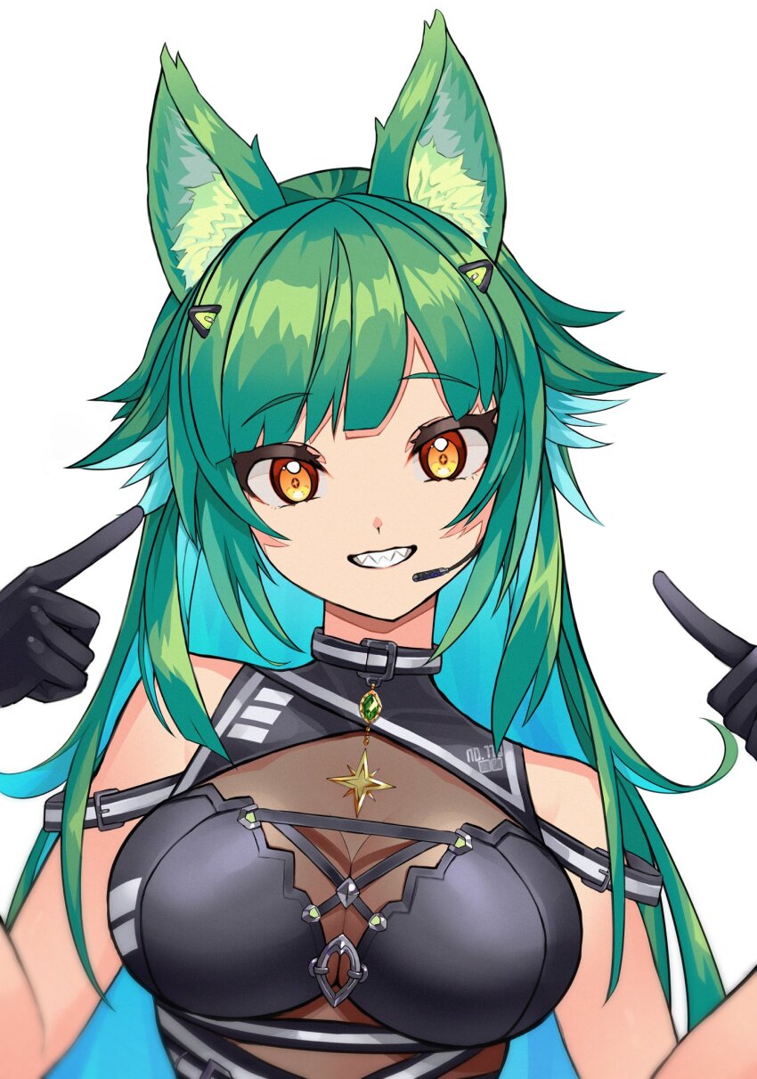 1girl, amatou_(ko_me_9), animal_ear_fluff, animal_ears, bare_shoulders, belt, black_gloves, blue_hair