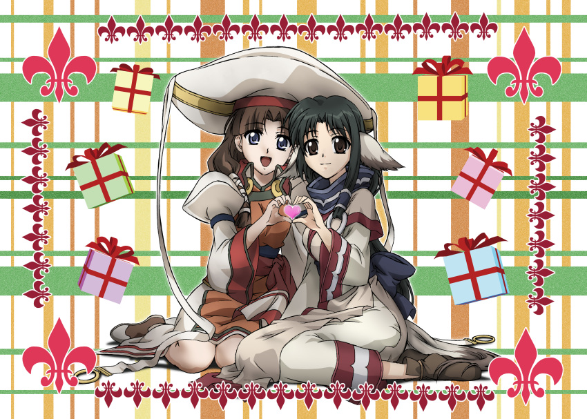 2girls, absurdres, animal_ears, black_hair, blue_eyes, brown_eyes, brown_hair, crossover