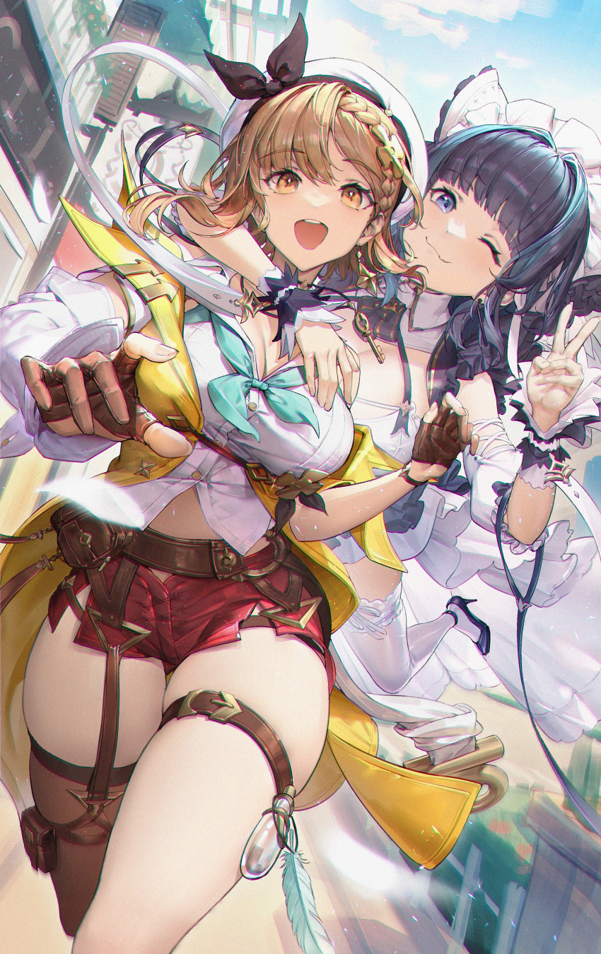 2girls, :d, ;), absurdres, atelier_(series), atelier_ryza, azur_lane, black_hair, blue_hair, blunt_bangs, breasts, brown_eyes, brown_hair, brown_thighhighs, cheshire_(azur_lane), gloves, gt-apex, hat, highres, jacket, large_breasts, long_sleeves, looking_at_viewer, multiple_girls, one_eye_closed, open_clothes, open_jacket, open_mouth, partially_fingerless_gloves, red_shorts, reisalin_stout, shirt, short_shorts, shorts, single_thighhigh, skindentation, sleeves_past_wrists, smile, thick_thighs, thigh_strap, thighhighs, thighs, white_shirt, yellow_jacket