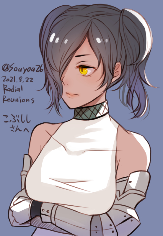 1girl, black_hair, breasts, closed_mouth, dark-skinned_female, dark_skin, gauntlets, hair_over_one_eye