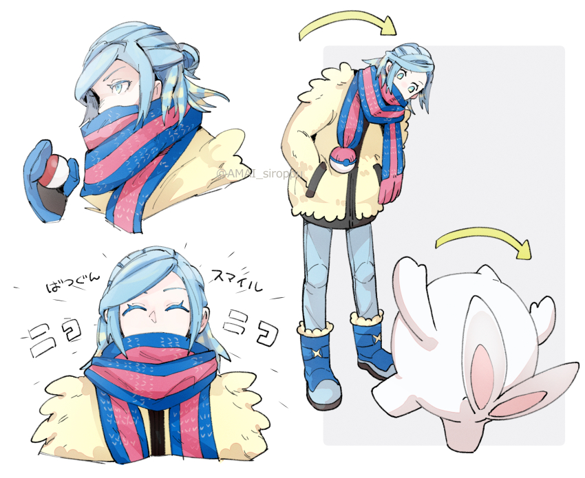 1boy, arrow_(symbol), blue_footwear, boots, cetoddle, closed_eyes, commentary_request, dabu_(dabuchan)