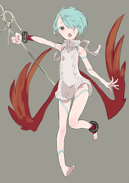 1girl, anklet, barefoot, bracelet, breath_of_fire, breath_of_fire_v, full-body_tattoo, full_body, green_hair, hair_over_one_eye, jewelry, looking_at_viewer, nina_(breath_of_fire_v), open_mouth, red_wings, short_hair, simple_background, solo, staff, tattoo, virgin_killer_sweater, wings, yutsuki