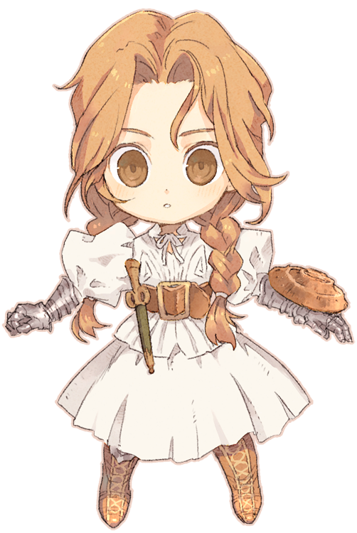 1girl, chibi, long_hair, looking_at_viewer, monster, mystic_ark, shield, solo