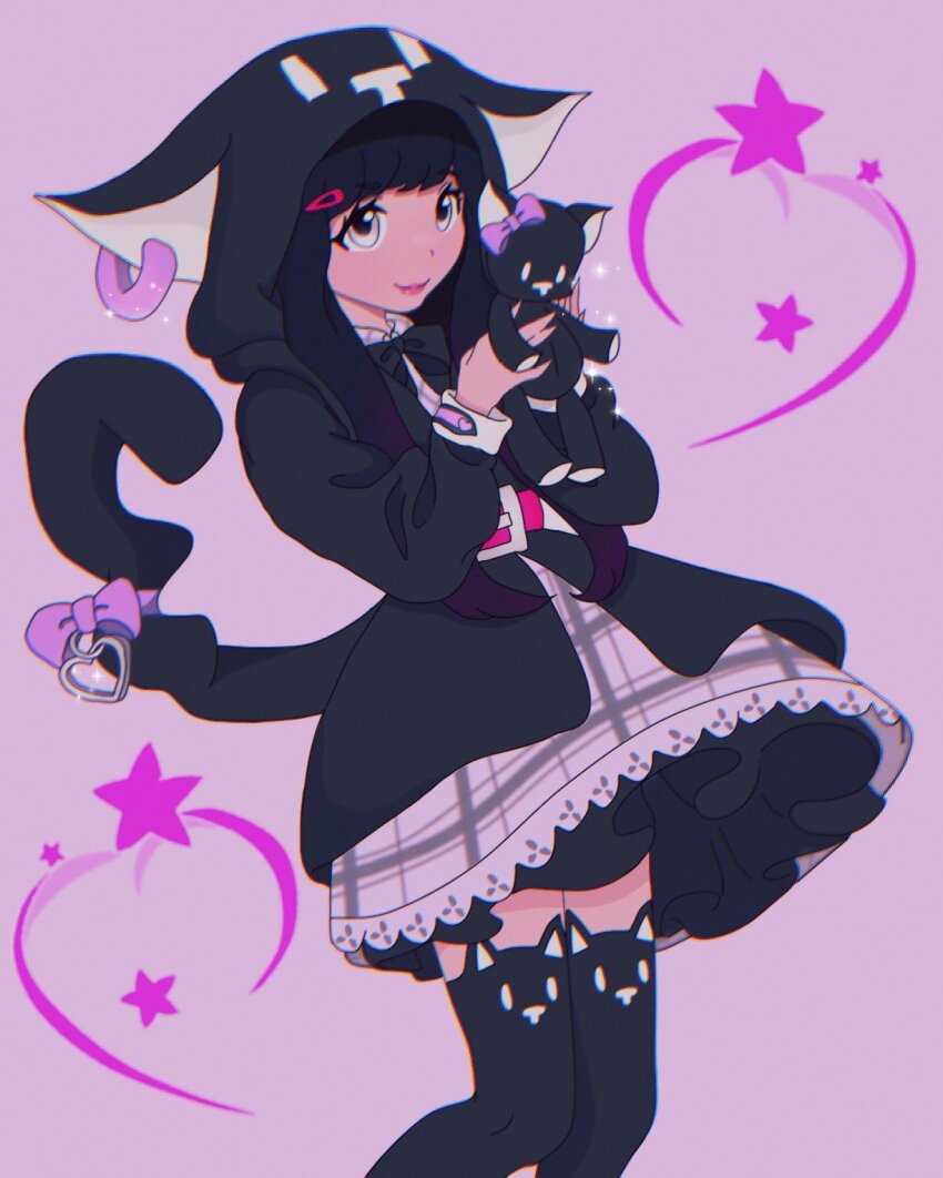 1girl, animal_ears, animal_hood, belt, black_bow, black_hair, black_hoodie, black_socks