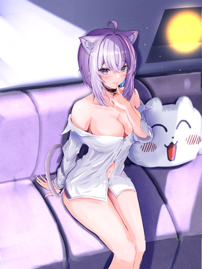 1girl, absurdres, ahoge, animal_ear_fluff, animal_ears, bare_legs, bare_shoulders, blush, breasts, cat_ears, cat_girl, cat_tail, choker, cleavage, finger_to_mouth, highres, hololive, large_breasts, looking_at_viewer, md5_mismatch, medium_breasts, naked_shirt, navel, nekomata_okayu, nekomata_okayu_(oversized_shirt), no_bra, off_shoulder, parted_lips, purple_eyes, purple_hair, resolution_mismatch, shirt, short_hair, sitting, smile, solo, source_smaller, tail, torakichi_888, virtual_youtuber, white_shirt