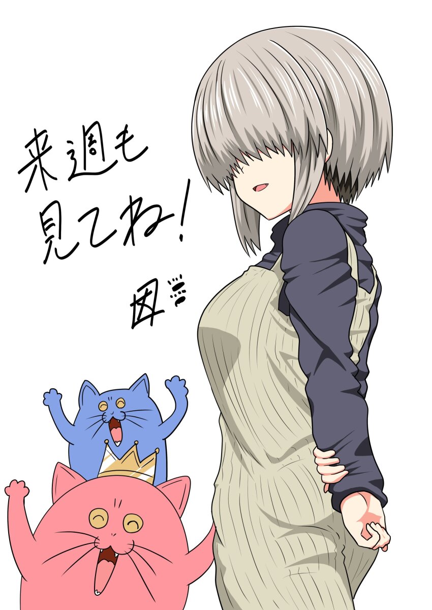 1girl, :3, absurdres, arms_behind_back, arms_up, artist_name, blue_cat, bob_cut, cat, commentary, cowboy_shot, crown, curled_fingers, dress, fang, fangs, from_side, green_dress, grey_hair, hair_over_eyes, hand_on_own_arm, highres, long_bangs, looking_to_the_side, no_eyes, official_art, parted_lips, paw_print, pinafore_dress, red_cat, ribbed_dress, short_hair, sidelocks, signature, simple_background, sleeveless, sleeveless_dress, smile, solo, take_(shokumu-taiman), turtleneck, undershirt, uzaki-chan_wa_asobitai!, uzaki_yanagi, whiskers, white_background