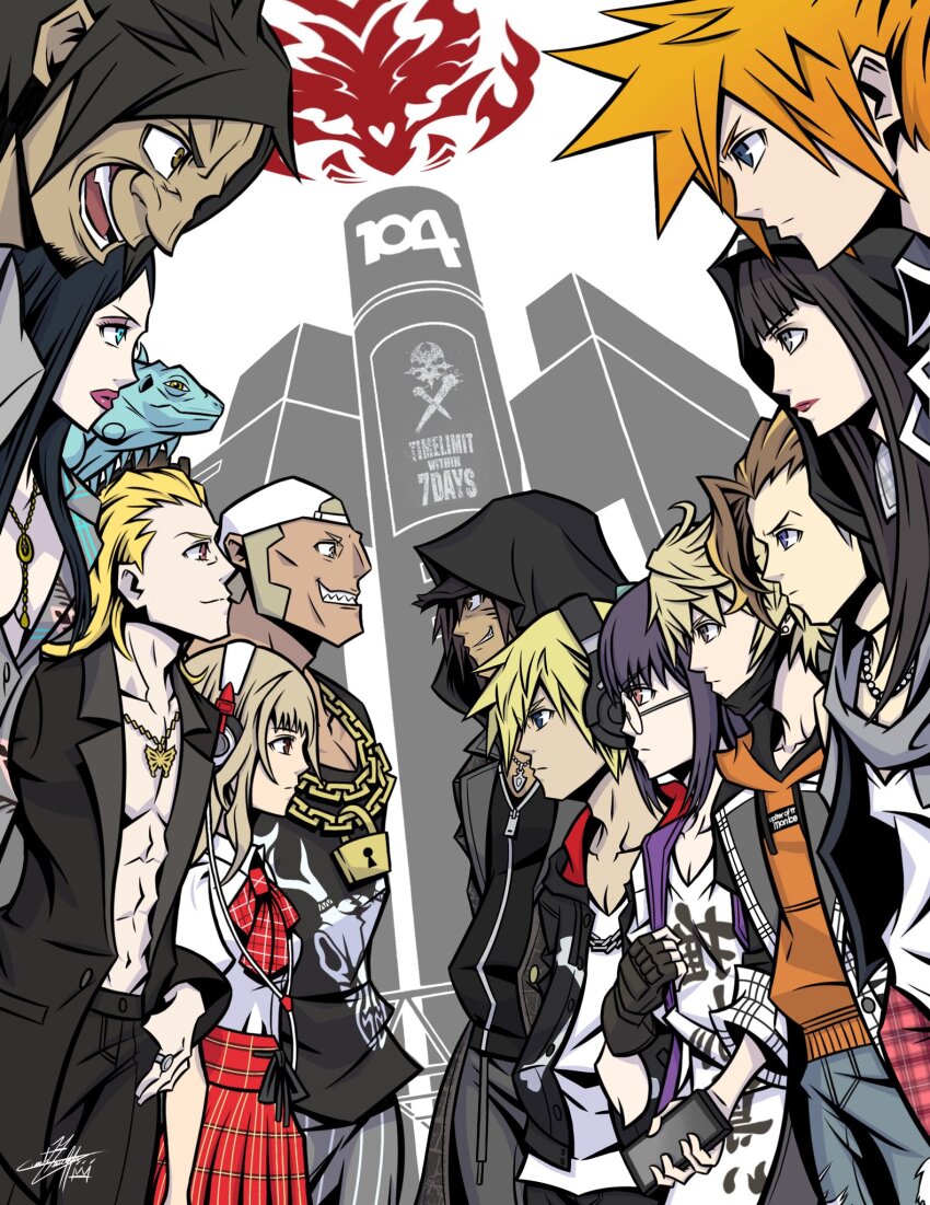 4girls, 6+boys, abs, animal, animal_hood, animal_on_shoulder, ayano_(ntwewy), backwards_hat, baseball_cap, bito_daisukenojo, black_coat, black_hair, black_hoodie, black_shirt, blonde_hair, blue_eyes, blunt_bangs, breasts, brown_eyes, brown_hair, butterfly_necklace, cat_hood, cleavage, closed_mouth, coat, dark-skinned_male, dark_skin, ear_piercing, face_mask, facial_hair, frown, furesawa_tosai, glasses, goatee, grey_eyes, grey_scarf, hat, headphones, highres, hime_cut, hood, hoodie, iguana_(animal), jewelry, kanade_rindo, kubo_(ntwewy), lizard, long_coat, mask, matsunae_tsugumi, medium_breasts, minamimoto_sho, mouth_mask, multiple_boys, multiple_girls, necklace, no_shirt, orange_eyes, orange_hair, orange_hoodie, pants, pearl_necklace, piercing, pinstripe_pants, pinstripe_pattern, plaid_clothes, plaid_pants, plaid_skirt, purple_shirt, red_pants, red_skirt, round_eyewear, sakuraba_neku, sakurane_shoka, scarf, school_uniform, shiba_(ntwewy), shin_subarashiki_kono_sekai, shirt, shirt_tucked_in, skirt, spiked_hair, stare_down, striped, subarashiki_kono_sekai, sunglasses_on_head, susukichi_(ntwewy), sweatpants, undercut, usui_nagi, white_shirt, zipper, zipper_pull_tab