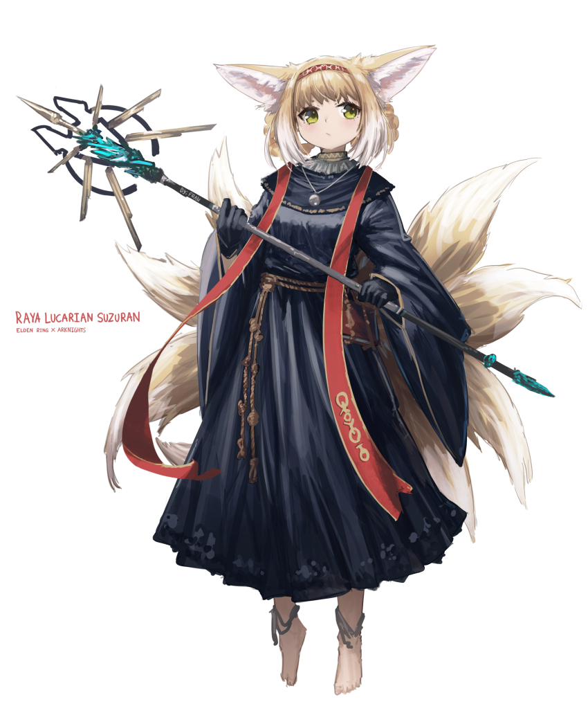 1girl, absurdres, animal_ears, arknights, barefoot, black_dress, black_gloves, blonde_hair, braid, braided_hair_rings, character_name, closed_mouth, commentary, copyright_name, cosplay, dress, elden_ring, english_commentary, fox_ears, fox_girl, fox_tail, franlol, full_body, gloves, green_eyes, hair_rings, highres, holding, holding_staff, kitsune, long_sleeves, looking_away, looking_to_the_side, multicolored_hair, raya_lucaria_sorcerer, raya_lucaria_sorcerer_(cosplay), simple_background, solo, staff, suzuran_(arknights), tail, twin_braids, two-tone_hair, white_background, white_hair, wide_sleeves