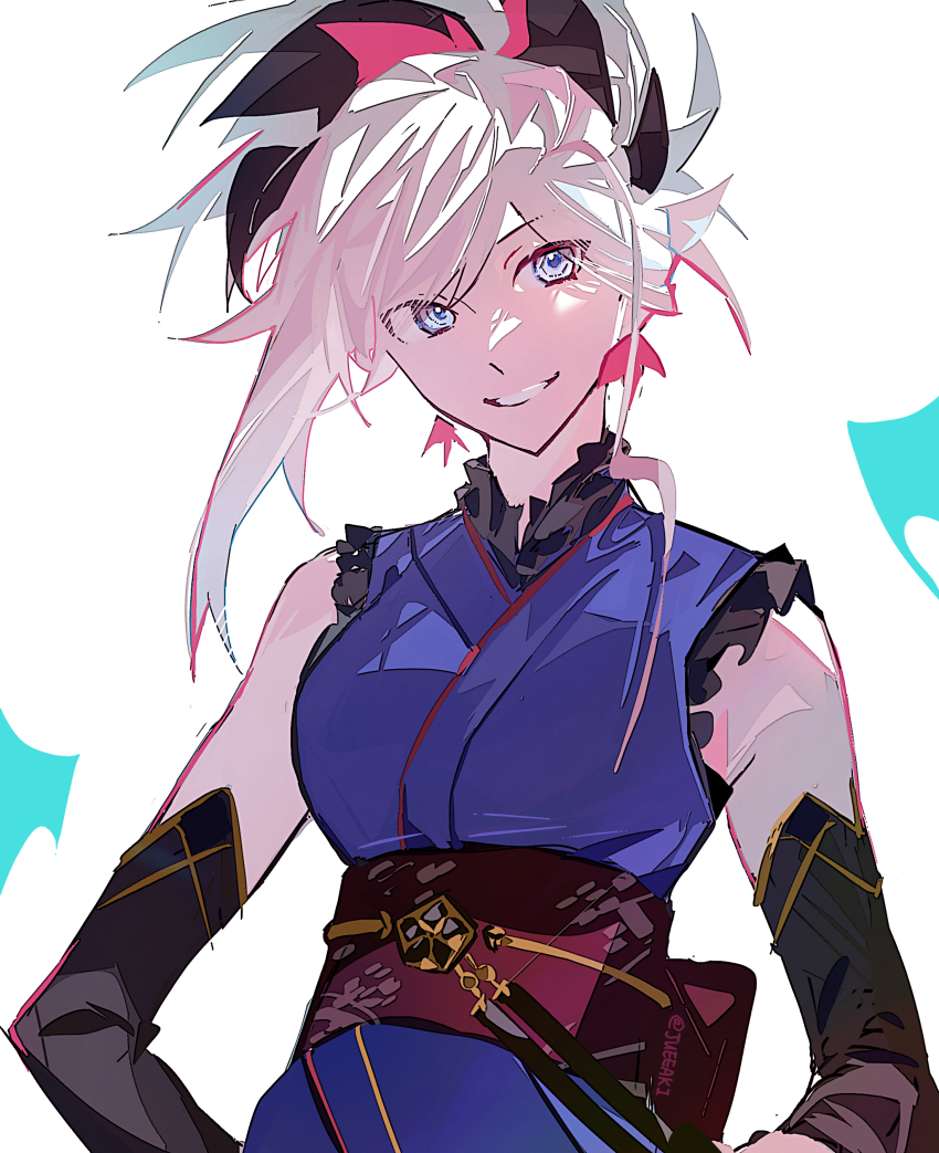 1girl, absurdres, blue_kimono, commentary, detached_sleeves, earrings, eeju, fate/grand_order, fate_(series), frills, grey_hair, grin, hair_ornament, highres, japanese_clothes, jewelry, kimono, looking_at_viewer, miyamoto_musashi_(fate), miyamoto_musashi_(first_ascension)_(fate), obi, ponytail, purple_eyes, sash, single_sidelock, sleeveless, sleeveless_kimono, smile, solo, swept_bangs, twitter_username