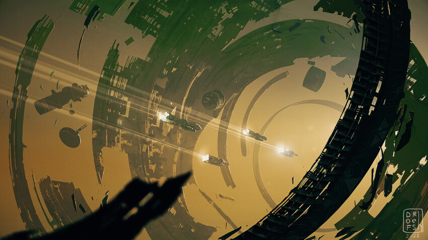 dofresh, highres, infinite_fleet, no_humans, ruins, scenery, science_fiction, space, space_station, spacecraft, yellow_theme